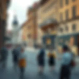 A street scene from the Weimar Republic era showing people in 1920s fashion walking and socializing, with period architecture in the background.