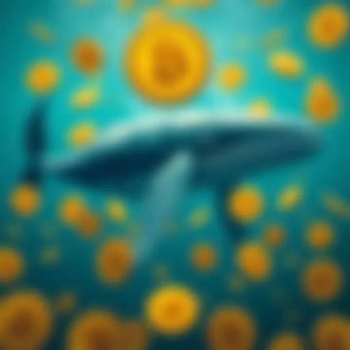 A large whale swimming in water with Bitcoin symbols surrounding it, representing the challenges of spending Bitcoin without scrutiny.