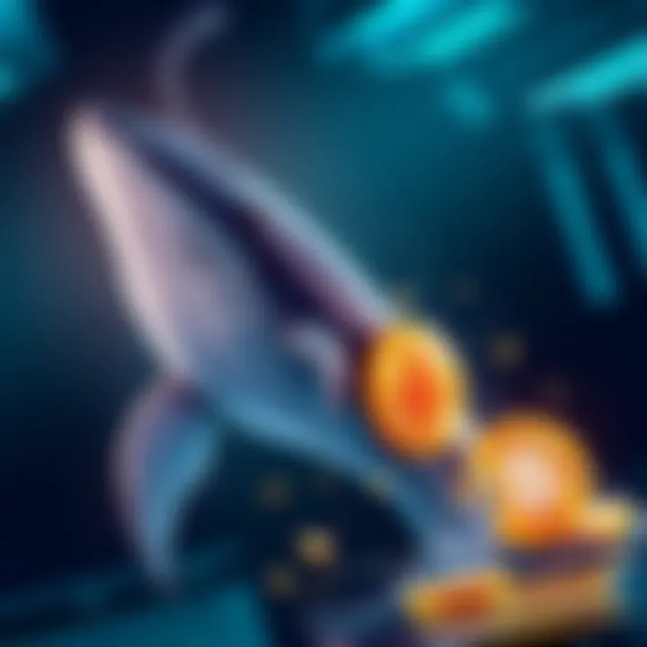 Whale Returns Crypto Tokens A graphic showing a whale symbolically returning a large amount of cryptocurrency tokens to a wallet, representing trust issues in transactions.