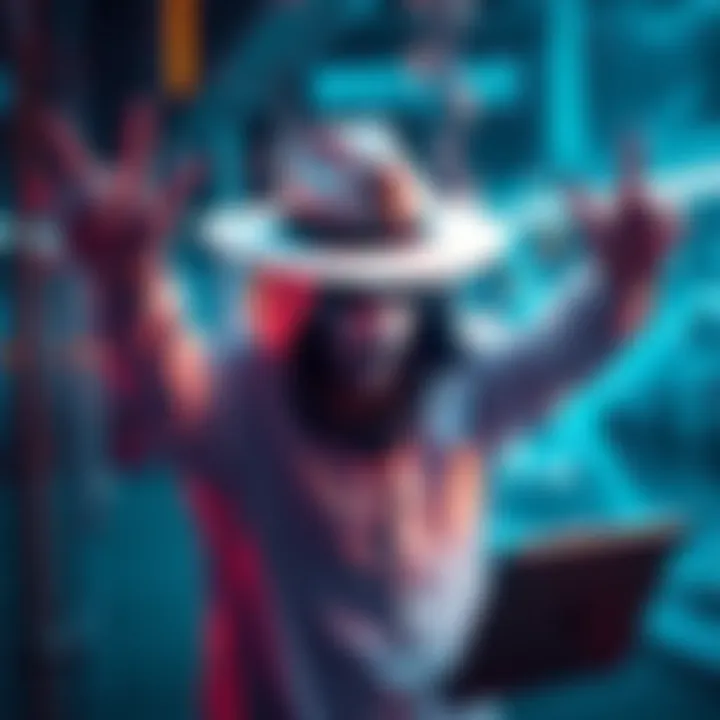 A white hat hacker celebrating the recovery of $2 million in ETH from a smart contract issue, with visuals representing cryptocurrency and technology.