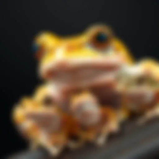 A close-up of an 18-year-old white tree frog alongside younger frogs, showing differences in size and color
