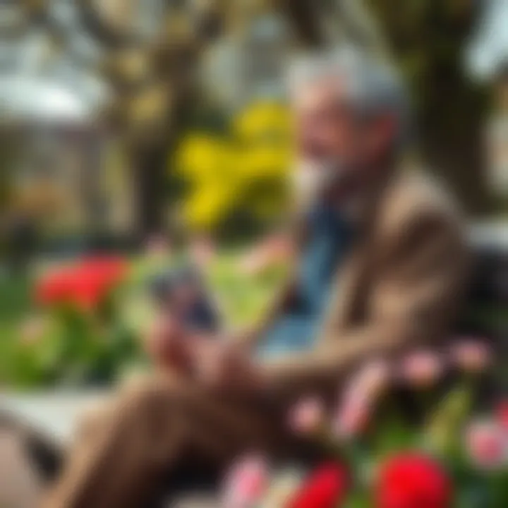 Widower finding new love A widower sitting on a park bench smiling, surrounded by spring flowers, holding a photograph of his late spouse while looking hopeful towards a new beginning.
