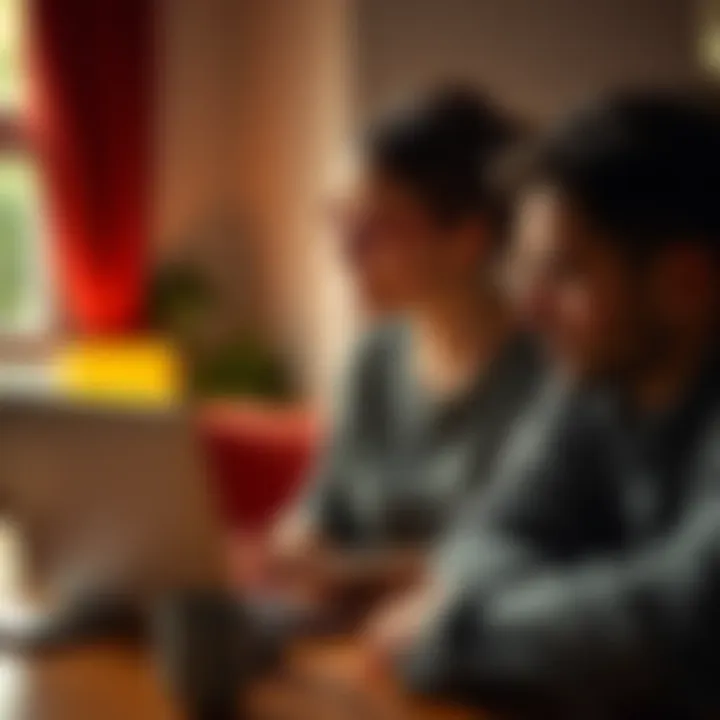 A woman looking thoughtfully at a Bitcoin chart on a laptop while sitting at a table with her husband
