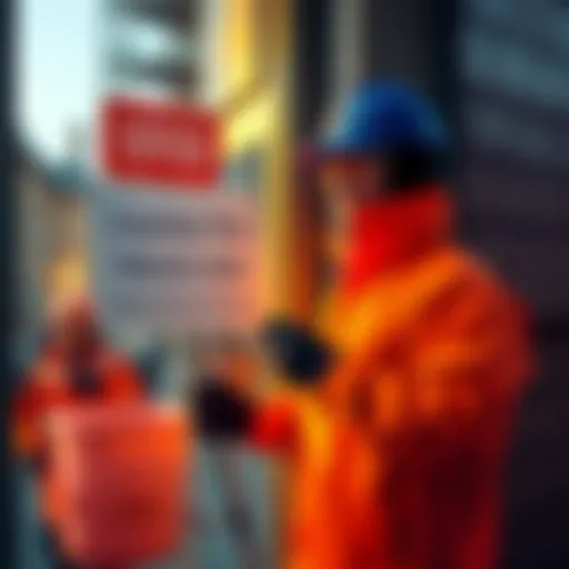 A window cleaner in uniform stands by a window holding a sign about Satoshi investment and buyback offers.