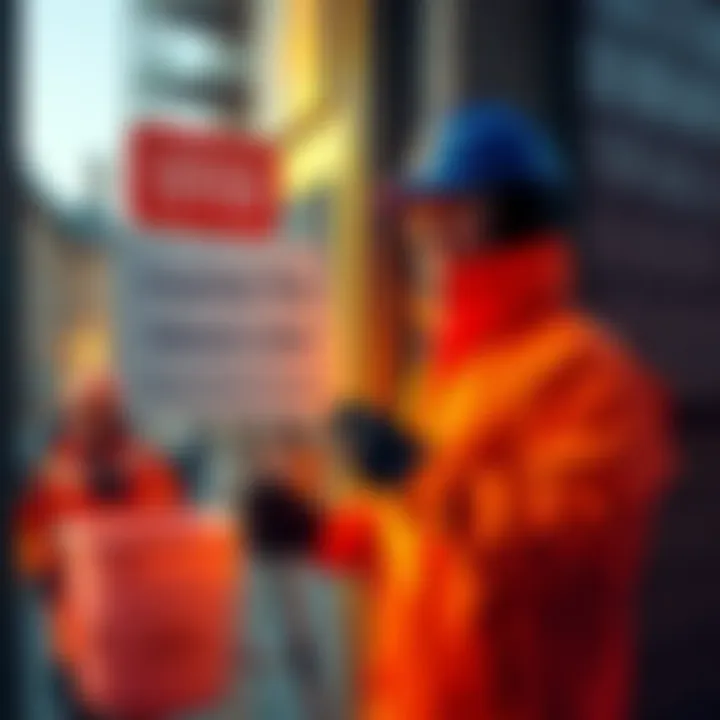 A window cleaner in uniform stands by a window holding a sign about Satoshi investment and buyback offers.