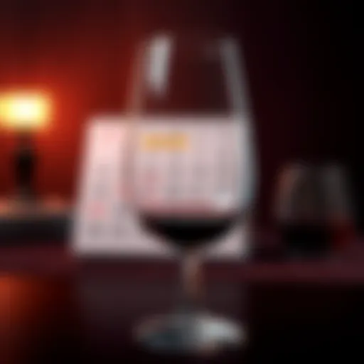A wine glass filled with a deep red wine, symbolizing a year of accurate predictions, with a calendar in the background showing last year's date.