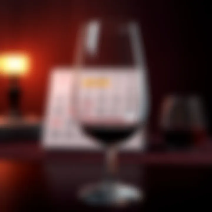 A wine glass filled with a deep red wine, symbolizing a year of accurate predictions, with a calendar in the background showing last year's date.