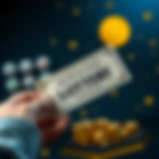 A person holding a winning lottery ticket with a gold coin in the background, symbolizing investment in gold after a lottery win