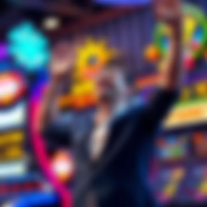 A person celebrating after winning five diamonds in a casino game, with bright lights and slot machine in the background.