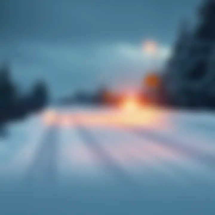A snow-covered road with tire tracks and a warning sign about slippery conditions