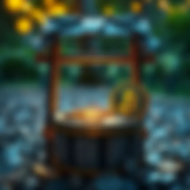 Wishing well with coins and a digital coin symbol A wishing well filled with coins, beside it a digital representation of the $WISH memecoin on the Solana blockchain.