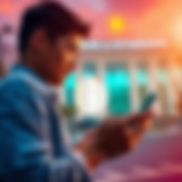 A person checking crypto withdrawal options on a smartphone with a bank building in the background