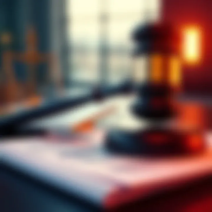 A representation of WLFI considering legal action against Justin Sun over deceptive finance claims, featuring a gavel and financial documents