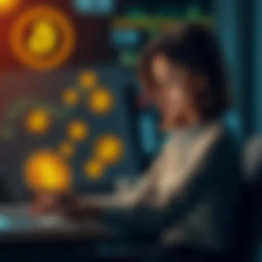 A woman sitting at a desk, looking at charts on her laptop, with Bitcoin symbols around her, showing determination and focus on her financial future.