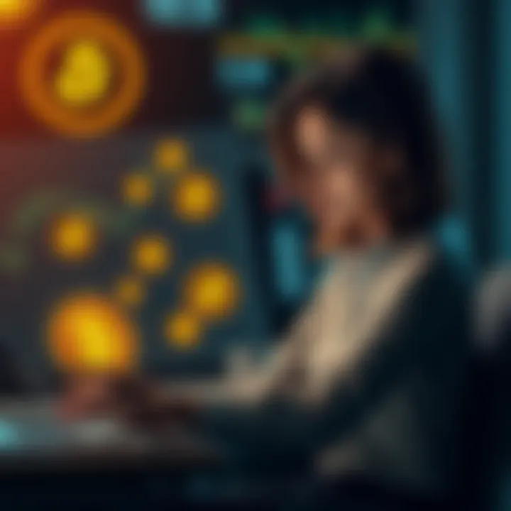 A woman sitting at a desk, looking at charts on her laptop, with Bitcoin symbols around her, showing determination and focus on her financial future.