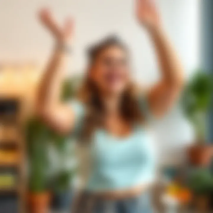 A 25-year-old woman joyfully celebrating her weight loss journey, showing a bright smile and confidence, surrounded by a healthy lifestyle setting.