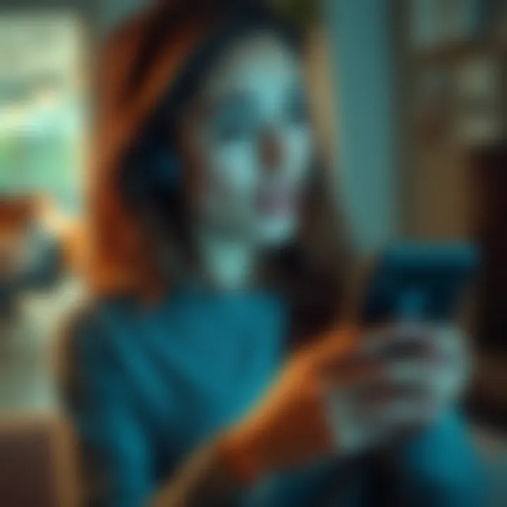 A woman looks shocked yet hopeful while reading messages of support from friends and community on her phone after losing her job