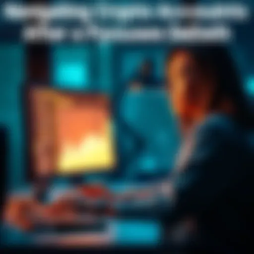 A woman sitting at a desk, looking concerned while viewing her late husband's crypto account on a computer