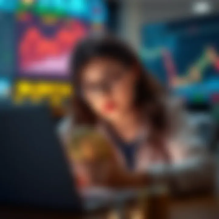 A 38-year-old woman studying cryptocurrency charts on her laptop, looking concerned and focused about her retirement investment strategy
