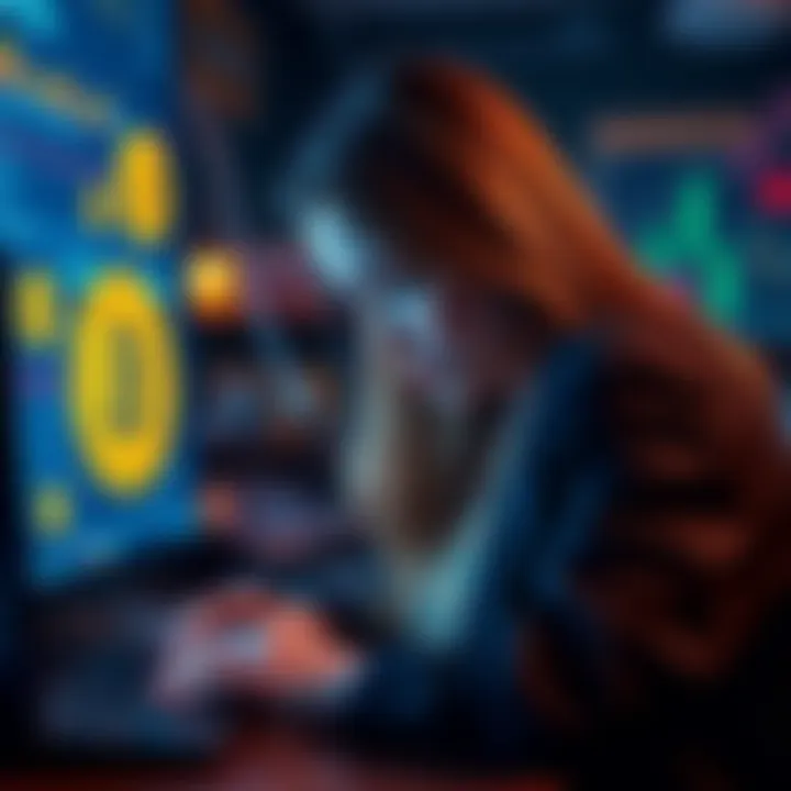 A sad woman looking at a computer screen with Bitcoin symbols, seeking help to recover lost assets after her husband's death.