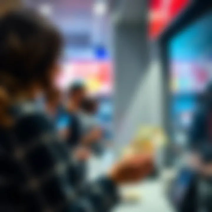 A woman at a currency exchange counter looking at Euros while holding Canadian dollars