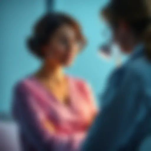 A woman talking to a healthcare professional about hormone replacement therapy, focusing on breast growth concerns.