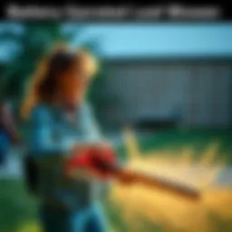 A woman joyfully using a battery-operated leaf blower in her yard while expressing her thoughts on marketing issues.