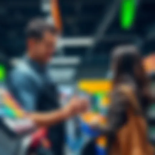 A Woolworths employee assisting a customer at self-checkout with a smartphone showing a bank app, illustrating a suspicious crypto offer