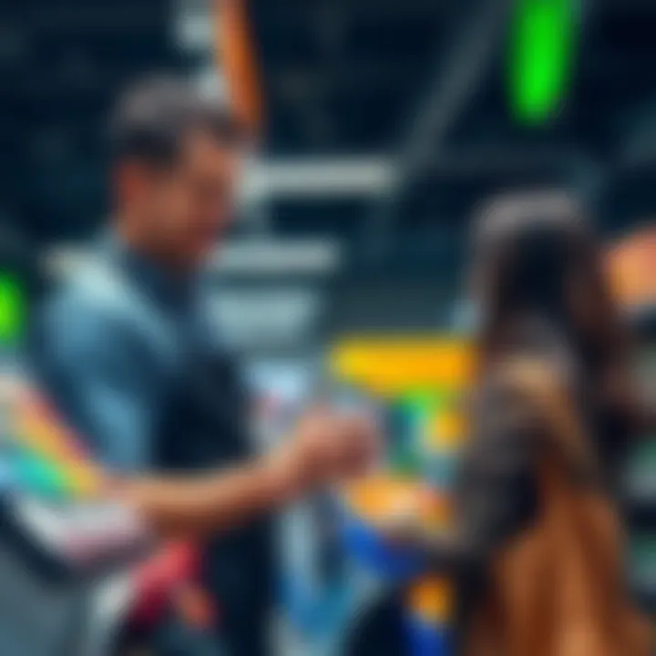 A Woolworths employee assisting a customer at self-checkout with a smartphone showing a bank app, illustrating a suspicious crypto offer