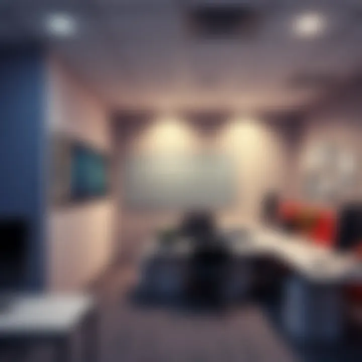 Workplace Decor Lacking Artistry An office space with bland wall prints and plain furniture, showing a lack of creative decor that affects employee morale