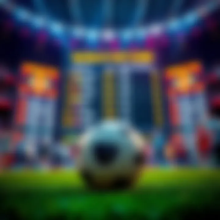 World Cup Arena Score Prediction A soccer ball in front of a scoreboard showing predictions for a World Cup match, with people excitedly discussing their choices