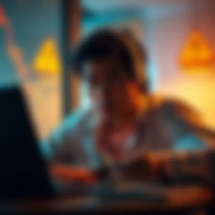 A person looking worried while staring at a laptop with financial graphs and caution signs on the screen