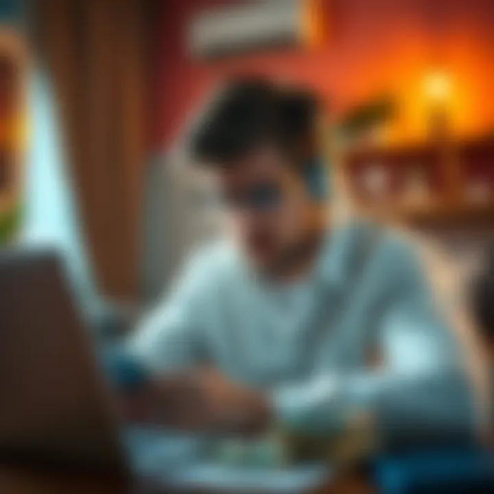 A big tech employee looking stressed while calculating finances at home, surrounded by bills and a laptop.