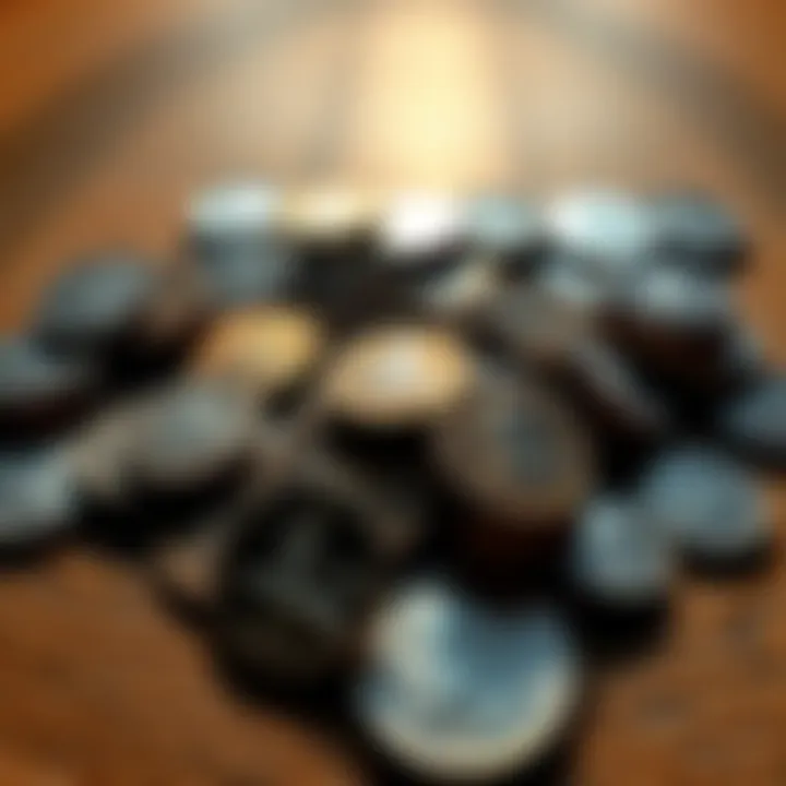 A variety of coins recovered from the World Trade Center site after 9/11, displayed on a wooden table with a soft light highlighting their details.