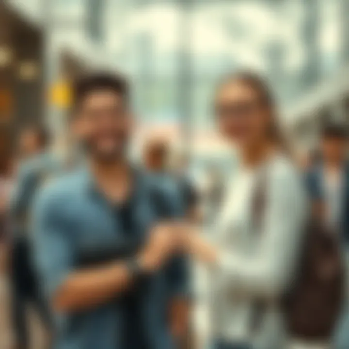 Wyatt and Chantel smiling while holding hands in a public setting, looking cheerful but with a hint of uncertainty in their expressions.