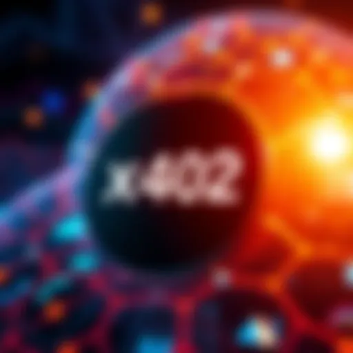 The logo of x402 surrounded by graphics representing blockchain technology and cryptocurrency.
