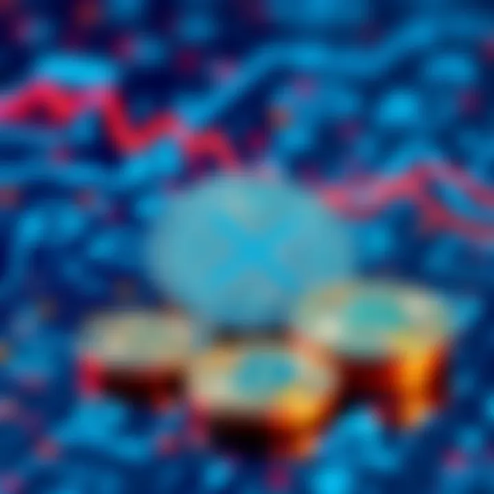 A visual representation of XRP coins on a digital blockchain background, showing fast transactions and financial growth.
