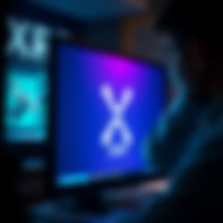 Close-up of a computer screen displaying the XRP logo with a worried investor in the background