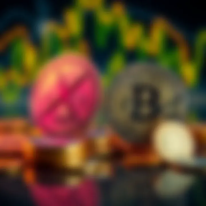 A graphic showing XRP coins on one side and Bitcoin coins on the other, illustrating a potential trade between the two cryptocurrencies.