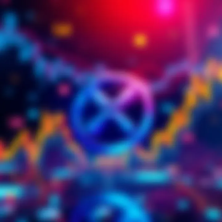 An illustration showing XRP's logo with a background of fluctuating crypto market graphs and symbols, representing potential growth in uncertain regulations.