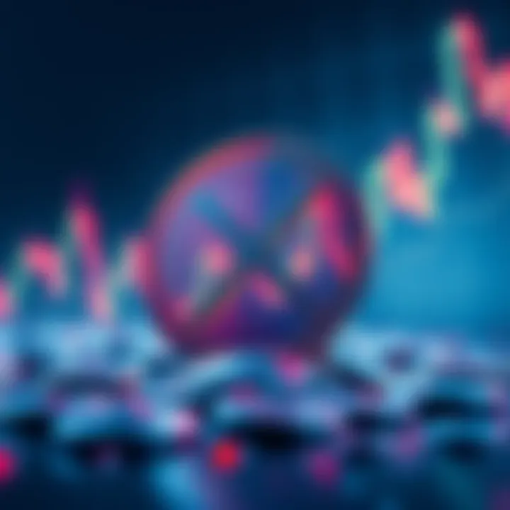 Visual representation of XRP with a fluctuating market graph in the background, showcasing institutional adoption and challenges ahead.