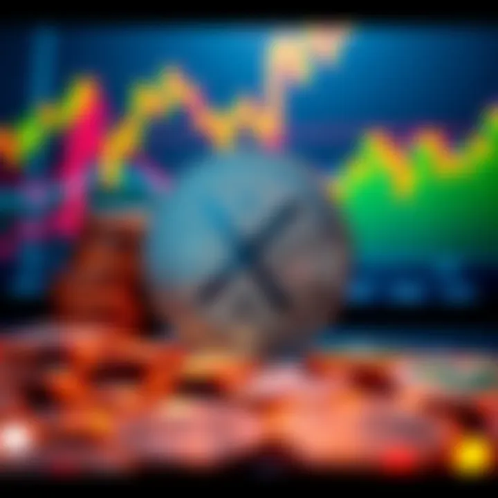 A digital representation of 4,545 XRP coins with a chart showing upward trends and potential profits in the background.