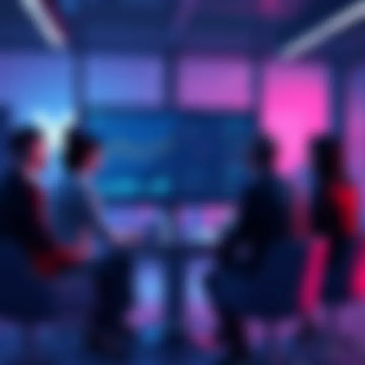 Group of people discussing the decentralization of the XRP Ledger in a modern setting with charts and graphs on a screen.