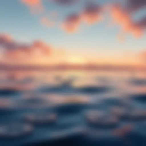 An illustration showing XRP coins with a calm ocean in the background, symbolizing market stability and consistency.