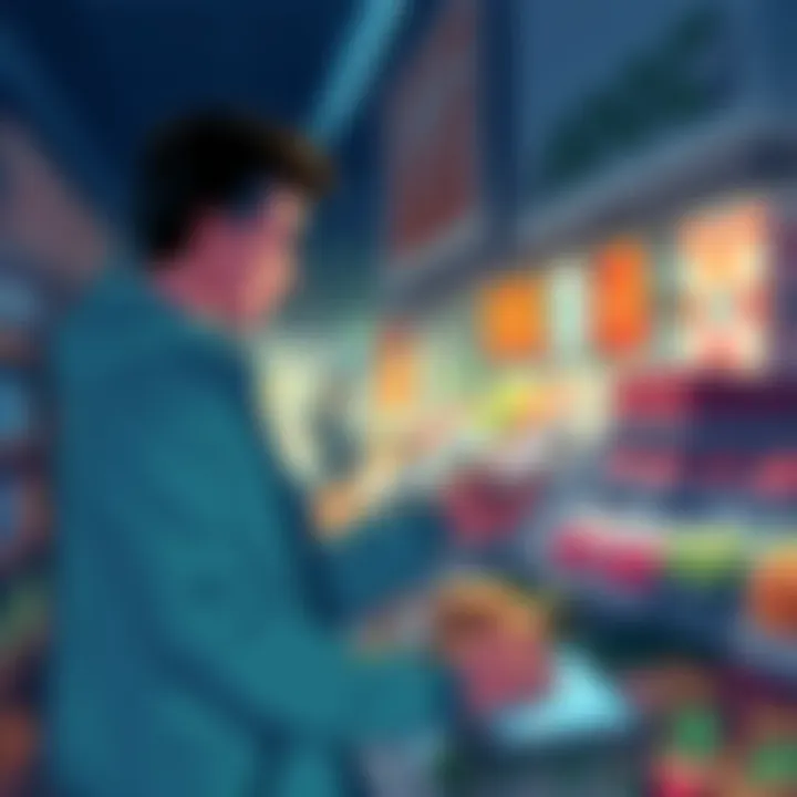Illustration of a person making a small payment using XRP in a marketplace with various products around.