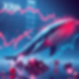 Illustration of whales representing large XRP wallets accumulating more assets despite price stagnation, with a financial chart in the background showing little movement.