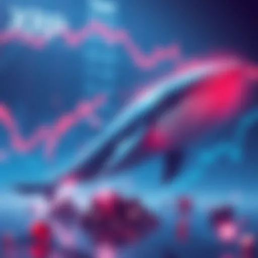 Illustration of whales representing large XRP wallets accumulating more assets despite price stagnation, with a financial chart in the background showing little movement.