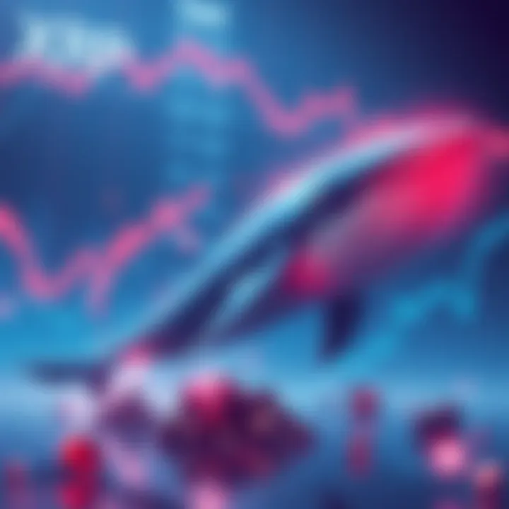 Illustration of whales representing large XRP wallets accumulating more assets despite price stagnation, with a financial chart in the background showing little movement.