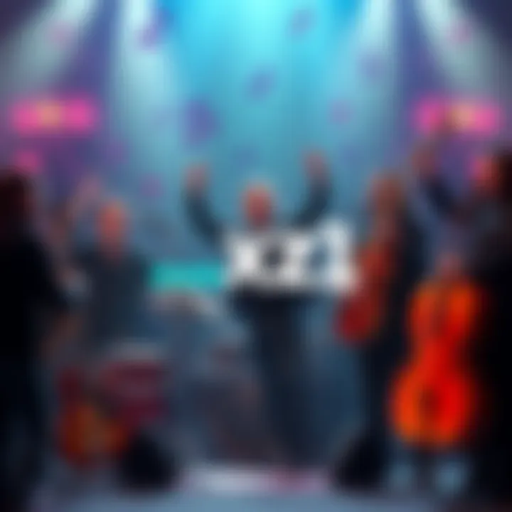 A group of musicians celebrating the launch of the .xz1 Web3 naming service with instruments and digital symbols around them.