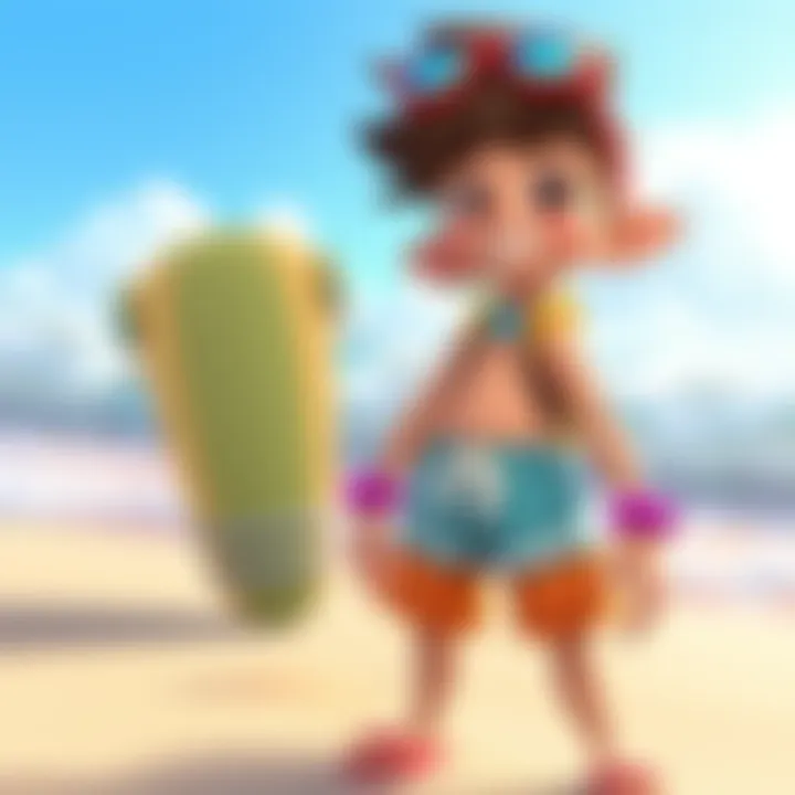 Yakra, a colorful character with beach-themed attire, stands on a sunny beach with waves in the background, creating excitement among players.